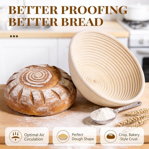 2 Pack Banneton Bread Proofing Baskets - 9 Inch Round Natural Rattan for Sourdough Baking