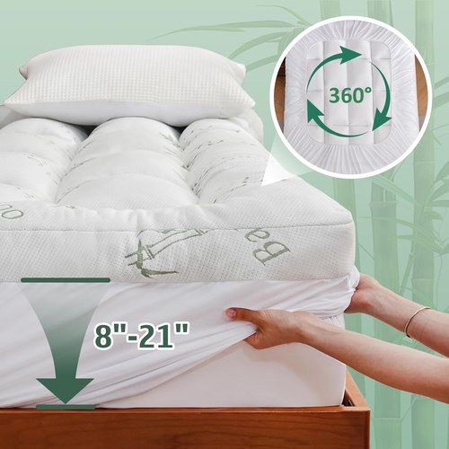 DOWNCOOL 3 Inch Queen Mattress Topper - Cooling Memory Foam for Back Pain Relief | Breathable Bamboo Viscose, Deep Pocket Fit 8-21 Inch