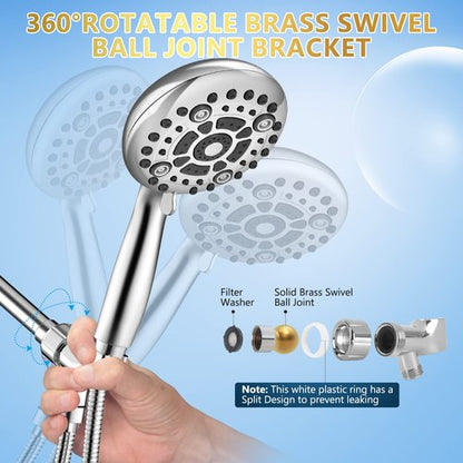 DAKINGS 6 Spray Modes High Pressure Handheld Showerhead Set Upgraded 5 Inches Shower Head with Handheld Spray Premium Chrome Handheld Shower Head 60 Inches Stainless Steel Hose-1-Min Install