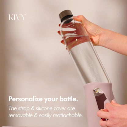 KIVY Glass Water Bottle with Silicone Sleeve 32 oz [WITH MEASUREMENT] - Borosilicate Glass Water Bottle Screw Top - Clear Bottles with Measurement Marking - Slim Waterbottle Aesthetic - Cream White