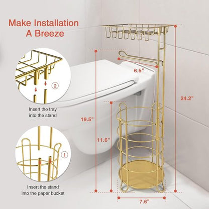 Goozii Gold Free Standing Toilet Paper Holder - Metal Tissue Stand with Phone Shelf & Wipes Tray
