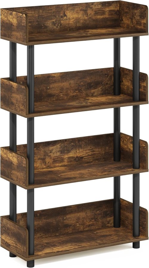 Furinno 4-Tier Toolless Display Rack - Stylish Amber Pine & Black Finish for Easy Organization