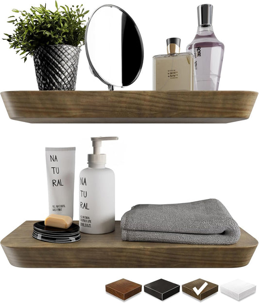 Wood Floating Shelves - 16 Inch Set of 2 | Stylish Bathroom & Bedroom Wall Storage - American Walnut Finish