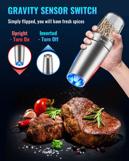 Gravity Electric Pepper/Salt Grinder, Salt and Pepper Mill & Adjustable Coarseness, Battery Powered with LED Light, One Hand Automatic Operation, Stainless Steel (Single/Silver)