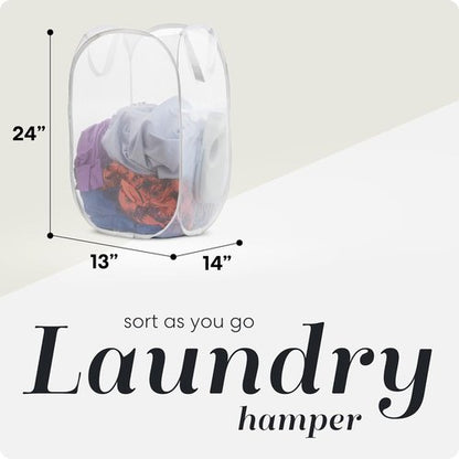 Handy Laundry Collapsible Mesh Pop-Up Hamper - Space-Saving 2-Pack with Wide Opening & Side Pocket | Durable & Breathable (White)