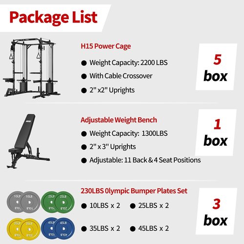 JEEKEE Power Cage - Heavy Duty 2200LB Rack with Cable Crossover & 180LB Weight Stack | 20+ Attachments for Home Gym