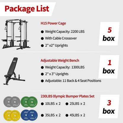 JEEKEE Power Cage - Heavy Duty 2200LB Rack with Cable Crossover & 180LB Weight Stack | 20+ Attachments for Home Gym