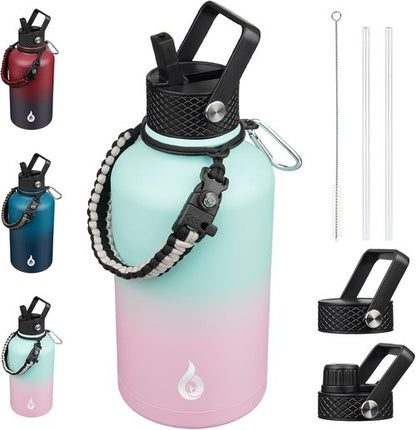 BJPKPK Half Gallon Insulated Water Bottle - 64oz Stainless Steel with 3 Lids & Paracord Strap | Marshmallow Color
