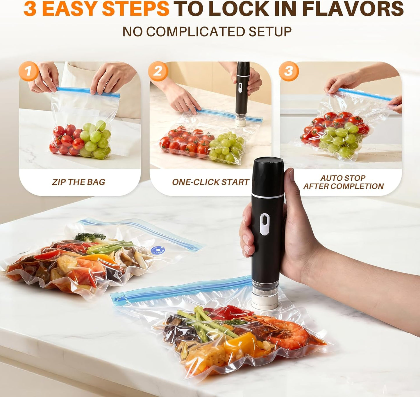 Skiennix Compact Vacuum Sealer - Powerful 100KPA Suction | Rechargeable Design with Detachable Tank & 10 BPA-Free Bags for Meal Prep, Camping & RV Travel