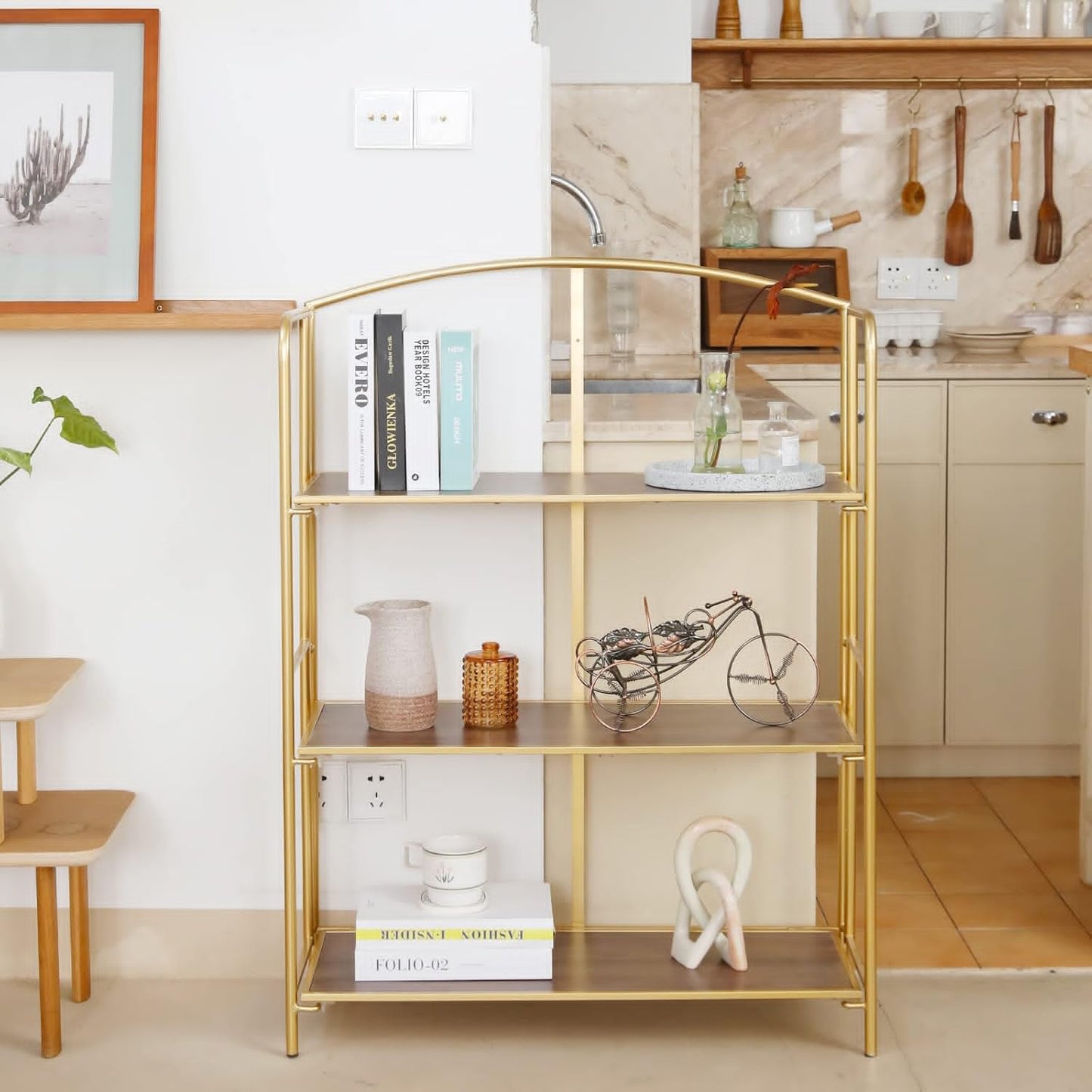 Crofy Folding Bookshelf - 3 Tier Gold Collapsible Bookcase for Living Room & Home Office Storage