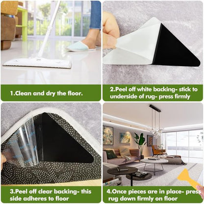 16 Pcs Grippers for Rugs, Non Slip Rug Pads for Hardwood Floors and Tiles, Reusable Rug Tape for Area Rugs, Dual Sided Adhesive Rug Pad Gripper Keep Corners Flat(Black)