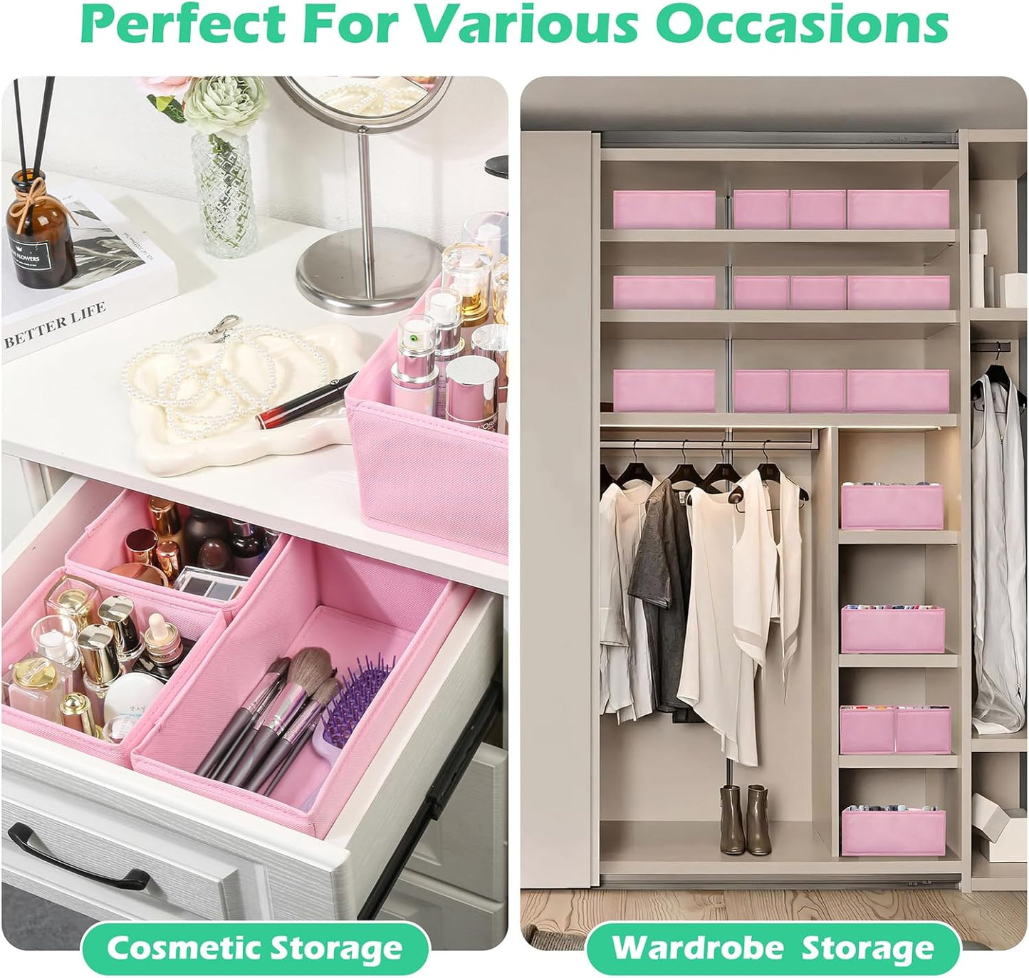 Skiennix Drawer Organizer - 16-Pack Fabric Dividers for Underwear, Baby Clothes & Accessories - Pink
