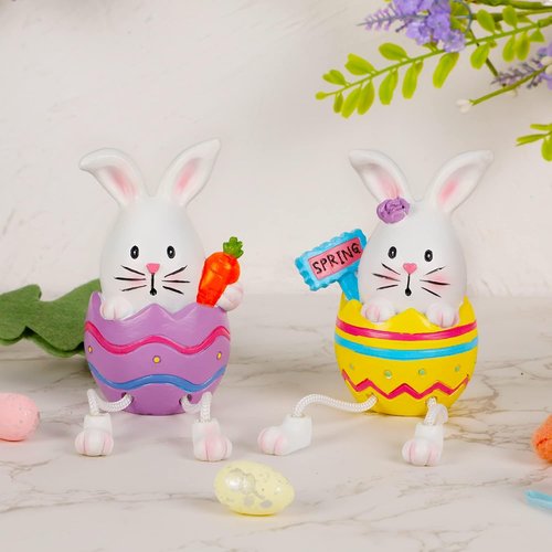 Lulu Home Easter Bunny Figurines - 2 Pack Resin Egg Shelf Sitters with Dangling Legs | Modern Tabletop Decor