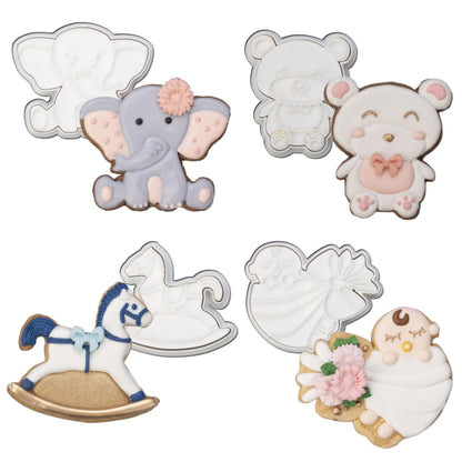 Baby Shower Cookie Cutter 4 Pack 3D Stampers Molds DIY Fondant Decorating for Kids' Birthday Party Kitchen Tools, Elephant, Bear, Rocking Horse, Baby Face