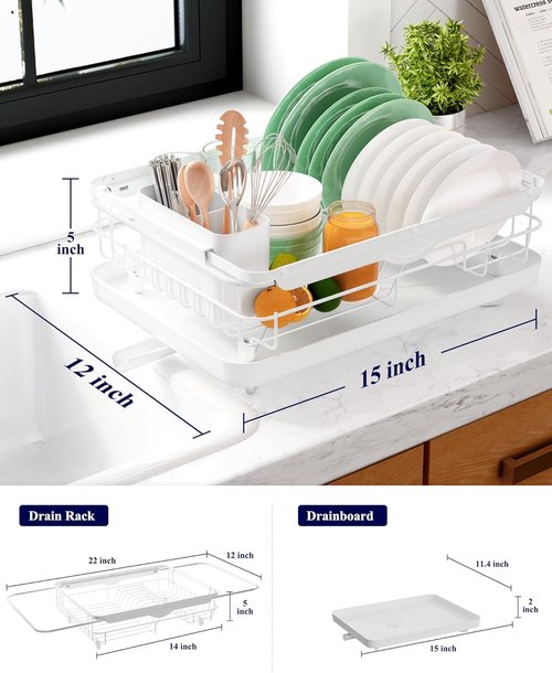 Kitsure Dish Drying Rack - Stainless Steel Kitchen Organizer with Cutlery Holder | 12.2''W x 15.7''~23''L, White