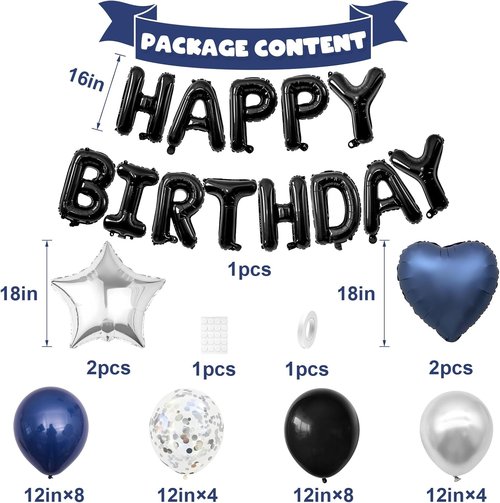 Happy Birthday Decorations | Navy Blue & Black Balloons with Silver Confetti - Perfect for Men & Women