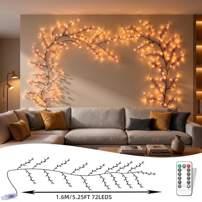 5.2 ft 72 LED Cherry Blossom Lights with Remote – DIY Bendable Pink Flower Vine (Variation: 72LED-5.2FT)