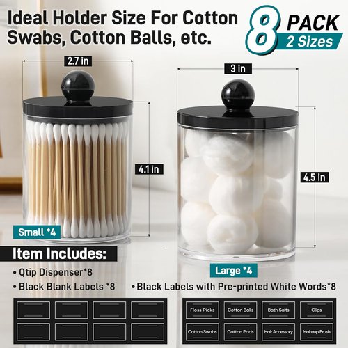 Clear & Black Acrylic Qtip Holder Dispenser | 8 Pack Cotton Swab Storage Canister Set - Bathroom Essentials