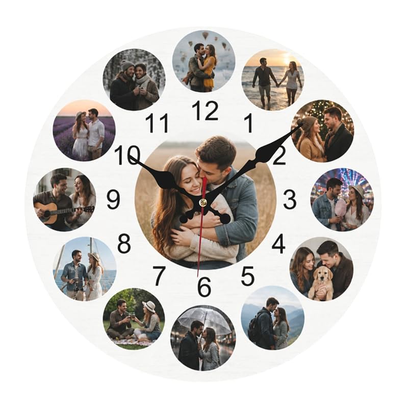 Photo Wall Clock - Personalized Wooden Round Clock (Variation Style03-13photos) – Custom Photo Gift