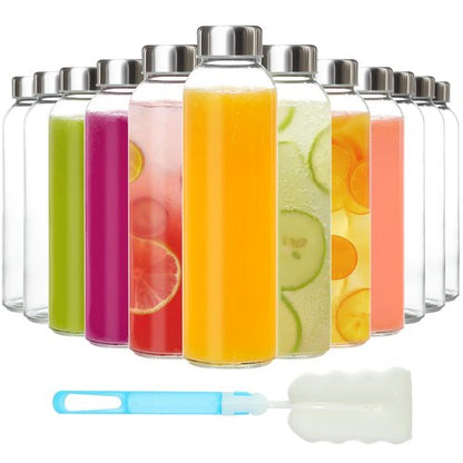KEYWING 12Packs Glass Juice Bottles with Lids, 18oz Clear Juicing Bottle with Reusable Glass, Leak Proof Water Bottles with Airtight Stainless Steel Cap for Juice, Coffee, Beverage, Smoothies, Tea