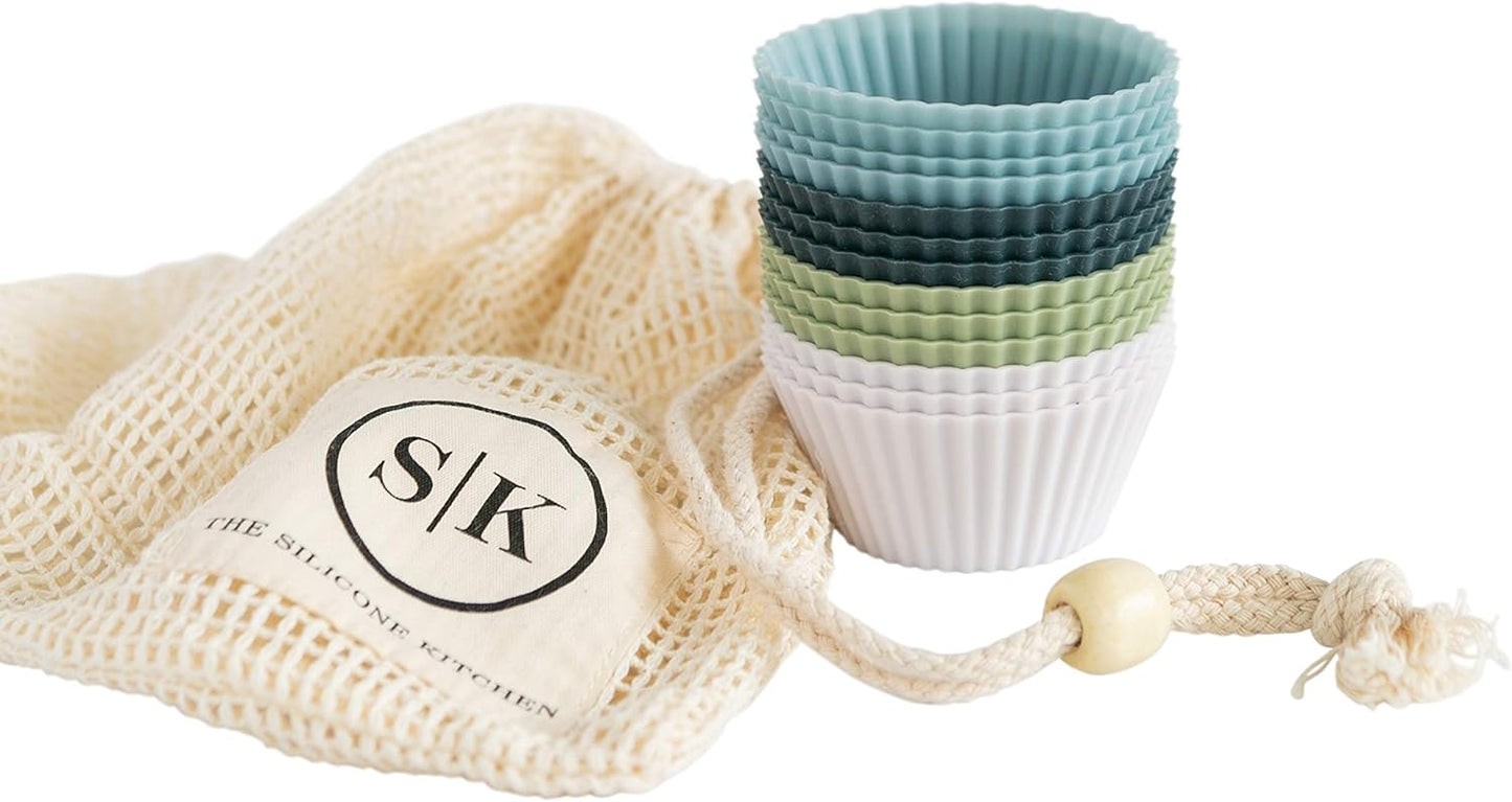Skiennix Silicone Baking Cups - Reusable Muffin Liners, BPA Free, 12 Pack in White, Blue & Green