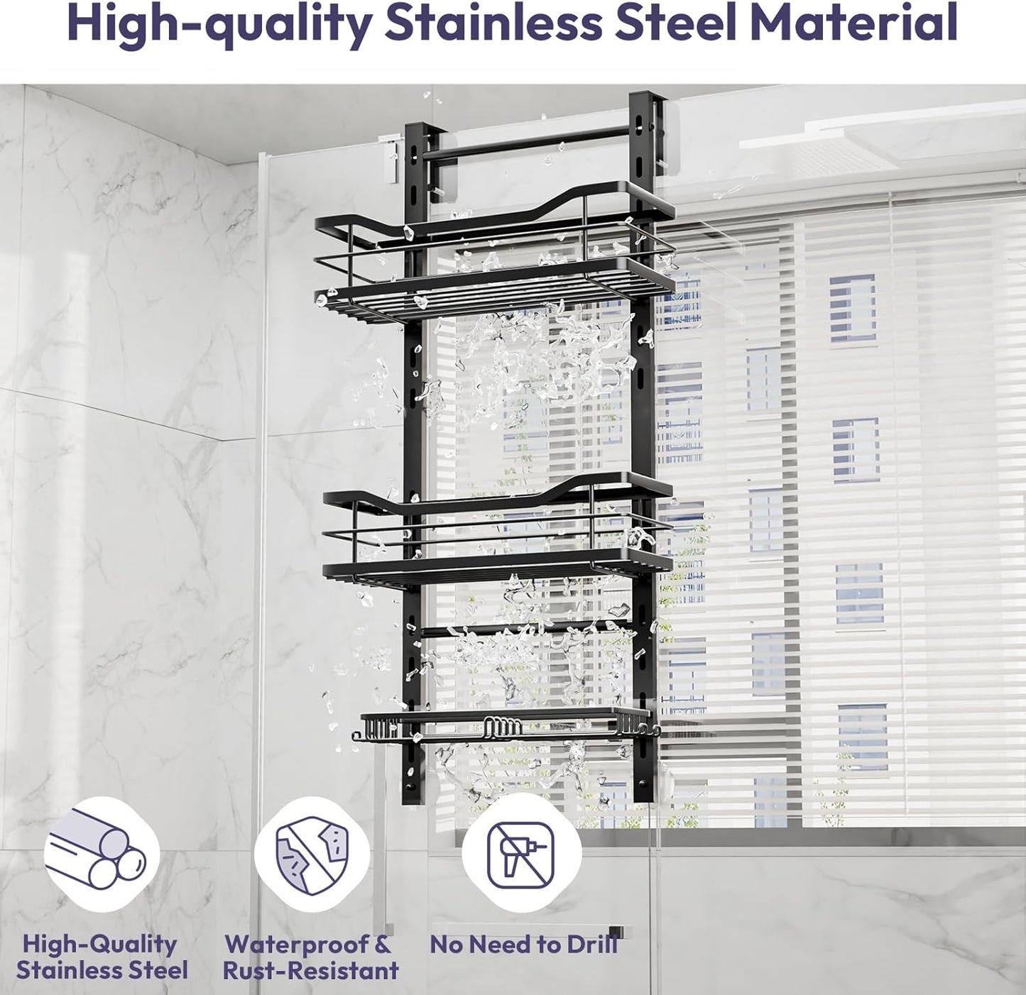 SWTYMIKI Over The Door Shower Caddy - 3 Tier Adjustable Organizer | No Drill Stainless Steel Rack in Black