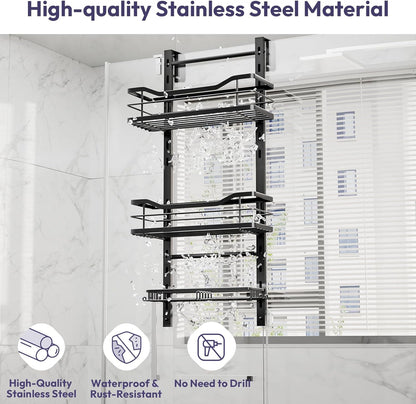SWTYMIKI Over The Door Shower Caddy - 3 Tier Adjustable Organizer | No Drill Stainless Steel Rack in Black
