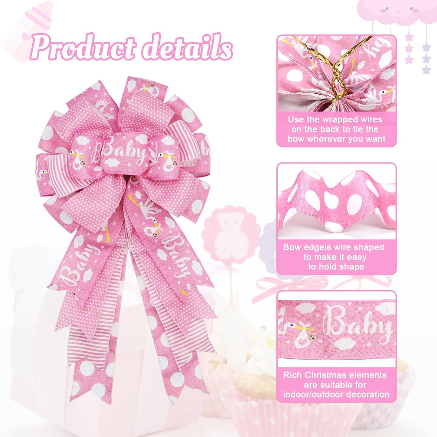 Montekin Large Baby Shower Bows - 20x11 Inch Wired Burlap Wreath Bow for Boys & Girls | Perfect Spring Decoration (Pink)