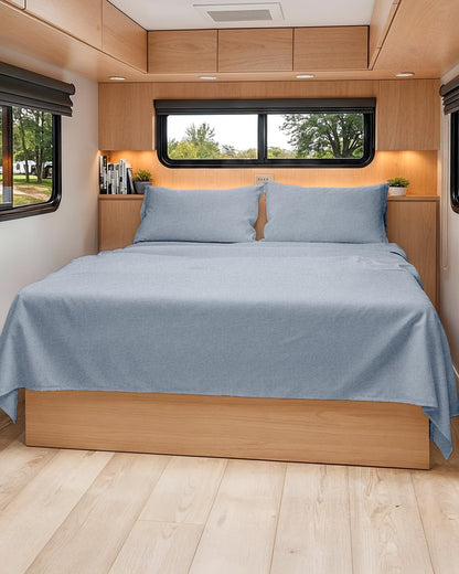 RV Short Queen Sheet Set - Soft, Breathable & Cooling 4-Piece Bedding for Trailers | Fits 8” to 12” Mattresses - Heathered Blue