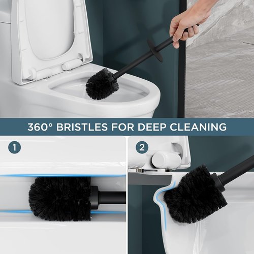 Forious Toilet Brush Set - Heavy Duty 304 Stainless Steel Base & Long Handle | 2 Brush Heads, Black