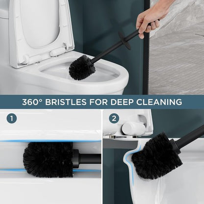 Forious Toilet Brush Set - Heavy Duty 304 Stainless Steel Base & Long Handle | 2 Brush Heads, Black