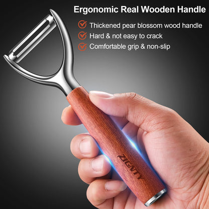 ZIGNTY Premium Vegetable Peeler Stainless Steel，Ultra Sharp Potato Peelers for Kitchen, Swivel Blade Veggie Fruit Peeler, Carrot Cucumber Peeler with Ergonomic Wood Handle Y Peeler（5 Years Warranty）