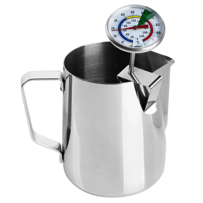 Stainless Steel Milk Frothing Pitcher With Thermometer for Steaming Milk - Ideal Milk Thermometer and 20oz Milk Jug for Making Barista Style Coffee Barista Pitcher Tools and Equipment