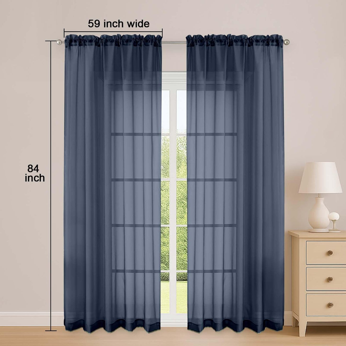 OWENIE Sheer Curtains 84 Inches Long 2 Panels Set, Sheer Navy Blue Curtains for Living Room Bedroom 59 Inch Extra Wide, Modern Voile Filmy Rod Pocket Drapes, 2 Pcs, Each 59 W x 84L, Navy Blue