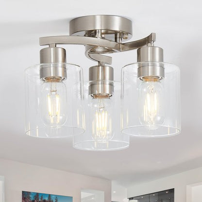 Doltoro Brushed Nickel Ceiling Light Fixtures, 3-Light Kitchen Light Fixture, Modern Flush Mount Ceiling Light Mount with Clear Glass Shade for Foyer Stairs Hallway Entryway Bedroom