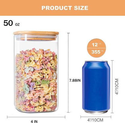 Skiennix 50oz Glass Food Storage Jars - Set of 6 Airtight Containers with Bamboo Lids | Clear Square Design
