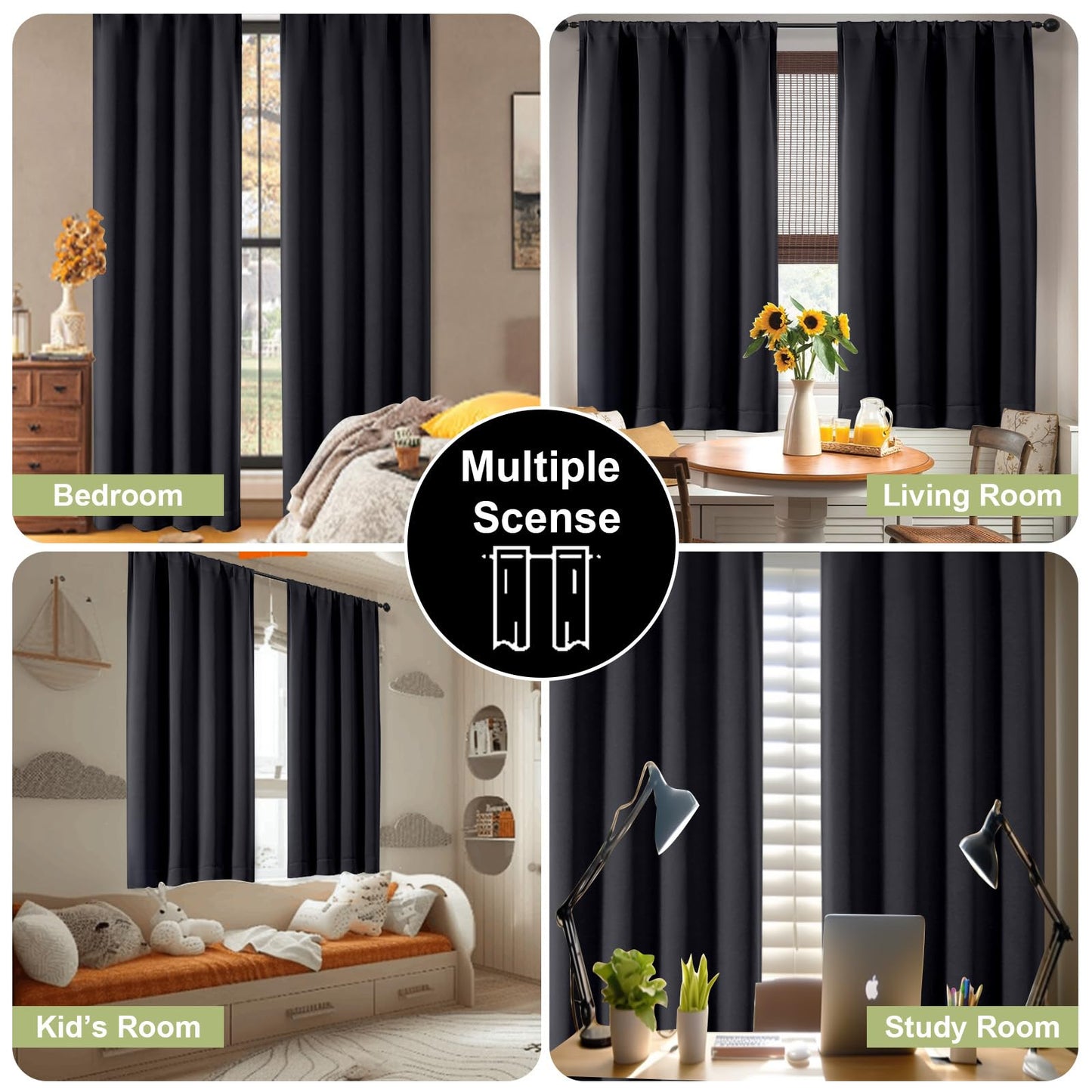OWENIE Sally Blackout Curtains for Bedroom 63 Inch Length 2 Panels Set, Solid Thermal Insulated Room Darkening Rod Pocket Privacy Window Treatment Curtains Blackout Drapes, W40 x L63 Inch, Black