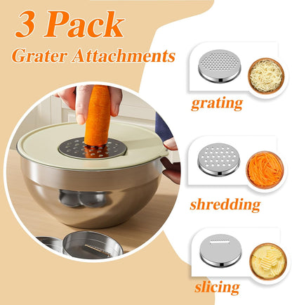 Skiennix Stainless Steel Mixing Bowls Set - 6 PCS with Lids & 3 Grater Attachments | Large Nesting Sizes 4.5QT to 0.7QT