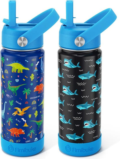 Fimibuke Kids Insulated Water Bottle - 18oz BPA-Free Double Wall Tumbler | Leak-Proof Design, 2 Pack (Dinosaur/Shark)