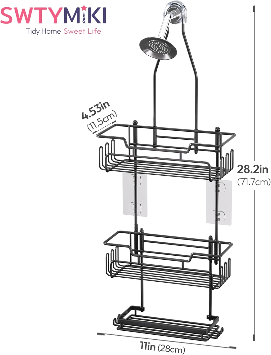 SWTYMIKI Bathroom Shower Caddy - 3-Tier Rustproof Overhead Organizer with 16 Hooks & Soap Holder | Black