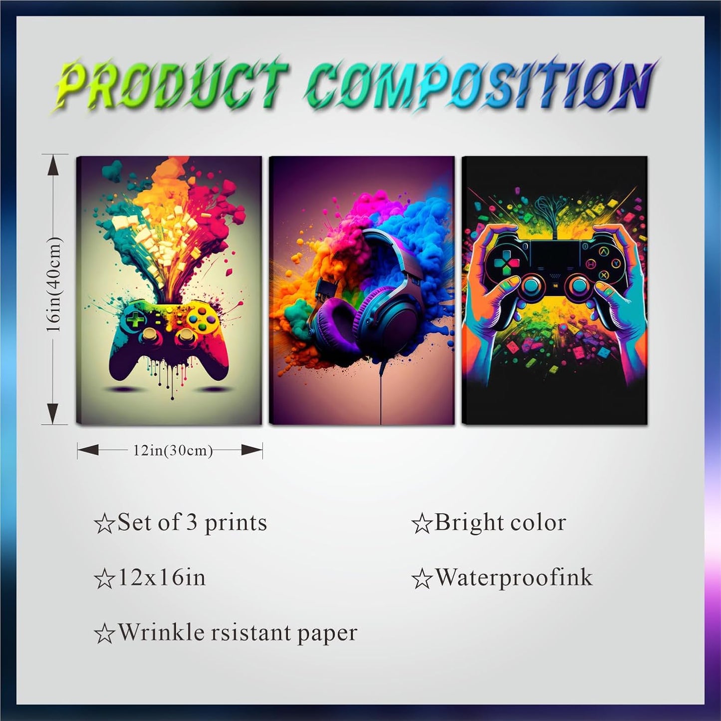 Skiennix Gaming Room Decor | Set of 3 Framed Canvas Posters - Video Game Controller Art for Boys 16x24 in