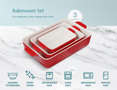 Kook Ceramic Bakeware Set - Rectangular Baking Dishes for Casseroles & Lasagna | 3-Piece Set in Cherry