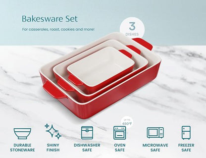 Kook Ceramic Bakeware Set - Rectangular Baking Dishes for Casseroles & Lasagna | 3-Piece Set in Cherry