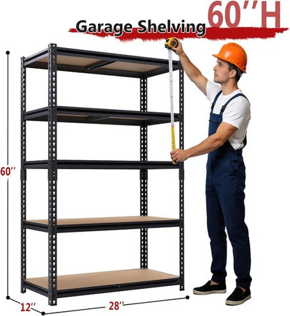 Heavy Duty Garage Shelving - 5-Tier Metal Storage Unit | Adjustable Rack Holds 2400LBS - 28''×12''×60''