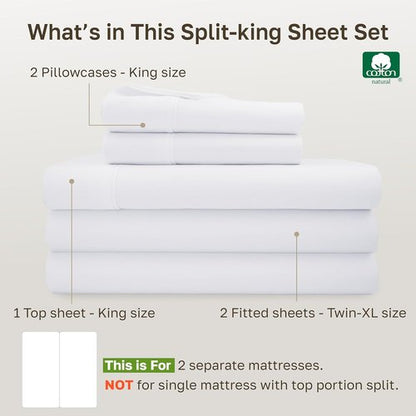 California Design Den Split King Sheet Set - 100% Cotton, 400 TC, Silky Smooth Sateen, Deep Pockets - White