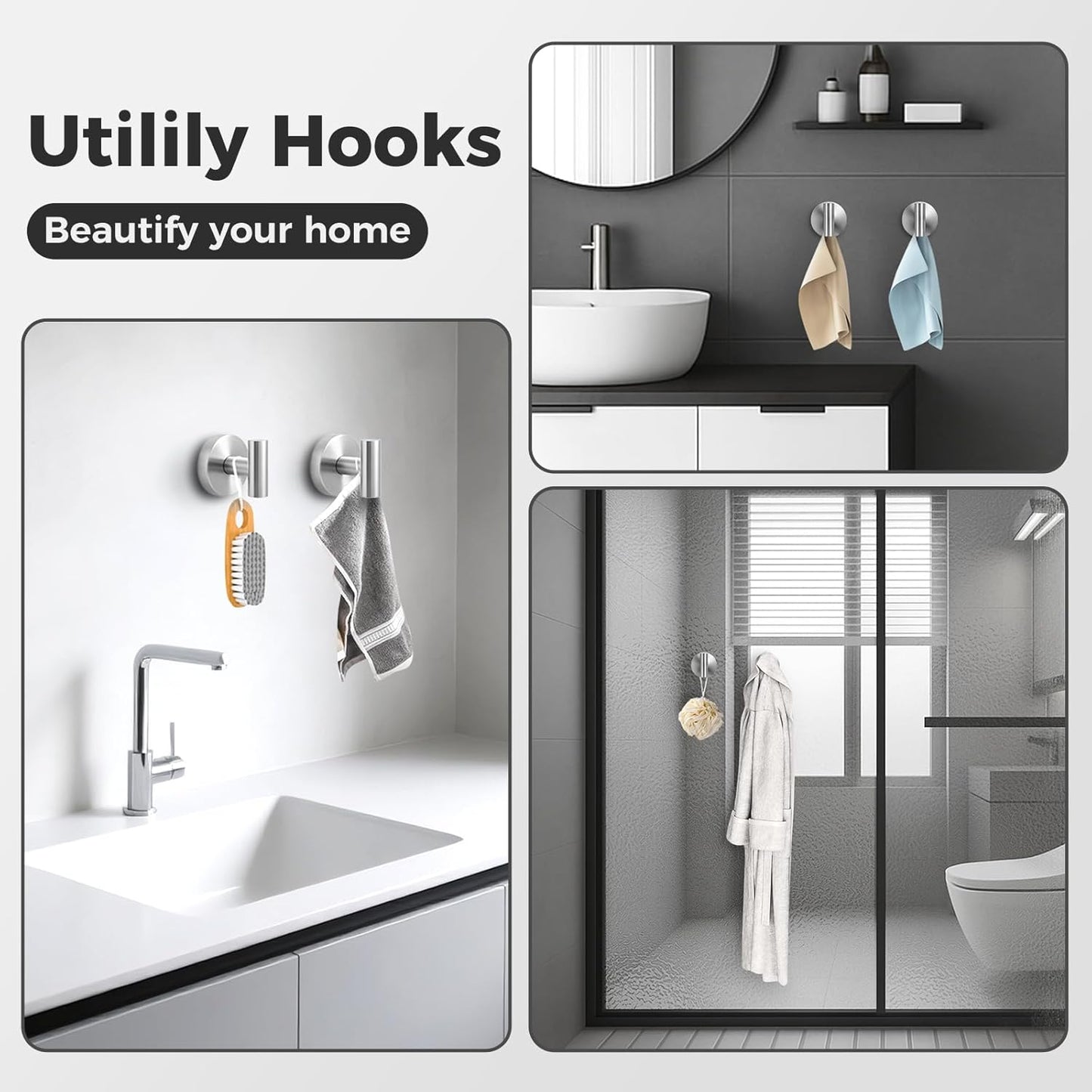 Skiennix Shower Hooks - No-Drill Removable & Reusable Towel Hooks - Heavy Duty Suction Cups - 4 Pack (Silver)