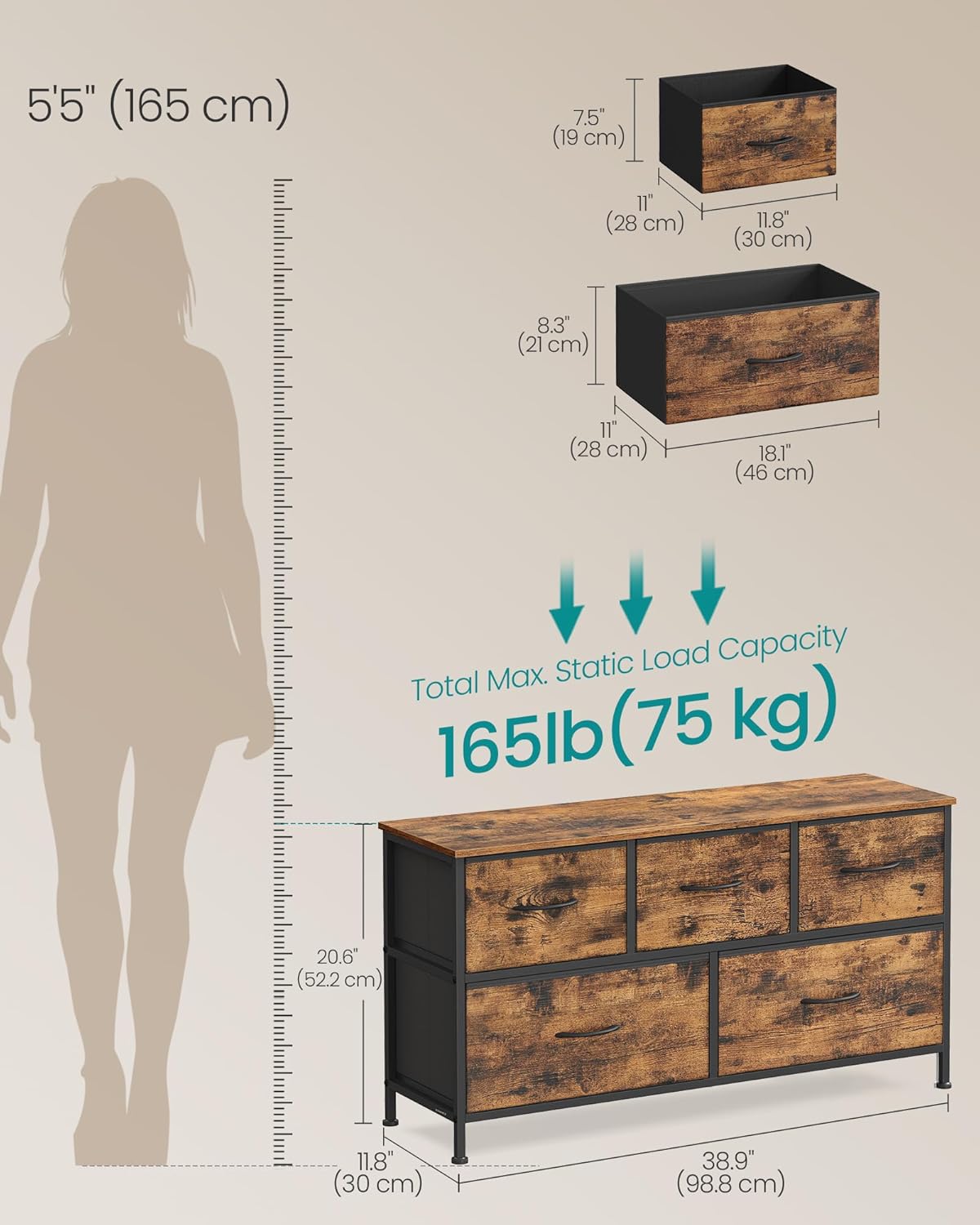 SONGMICS Dresser - 5-Drawer Storage Organizer Unit in Rustic Brown & Ink Black | Steel & MDF Construction