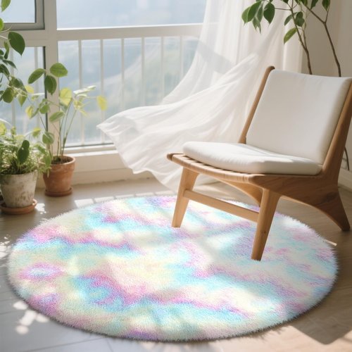 OLANLY Rainbow Round Rugs for Bedroom - Machine Washable, 4x4 Feet Circle Area Rugs for Living Room, Soft and Fluffy Shaggy Carpet for Teen Girls and Boys, Nursery Rooms, Dorms, Home Decor Aesthetic