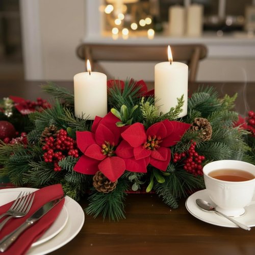 Kathfly 20" Christmas Poinsettia Centerpiece - Elegant Holiday Table Decoration with Candle Holders & Red Flowers