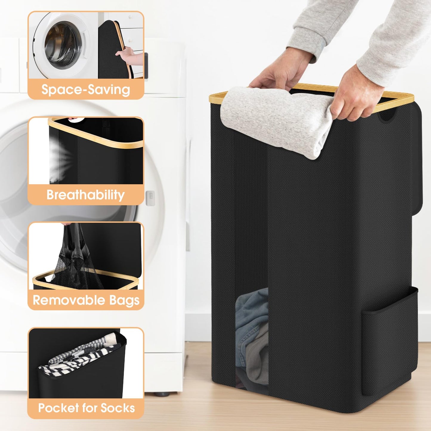 SpaceTrove Laundry Basket Clothes Hamper with Lid and Removable Bag Large Collapsible Laundry Baskets with Handle, Freestanding Hampers for Bedroom Aesthetic, Dorm, Bathroom, Laundry Room 100L (Black)